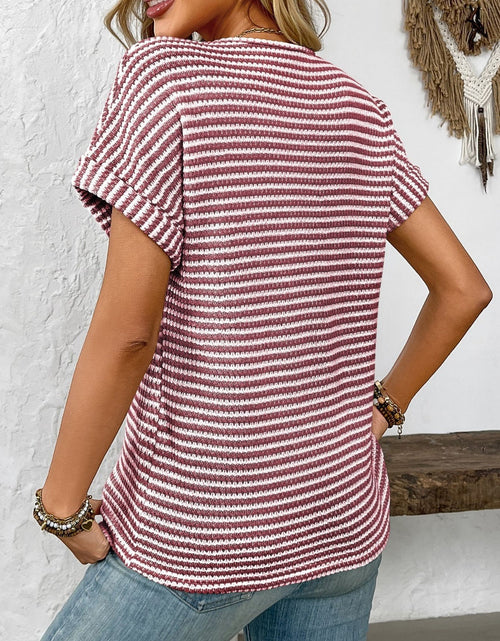 Load image into Gallery viewer, Striped Notched Short Sleeve T-Shirt
