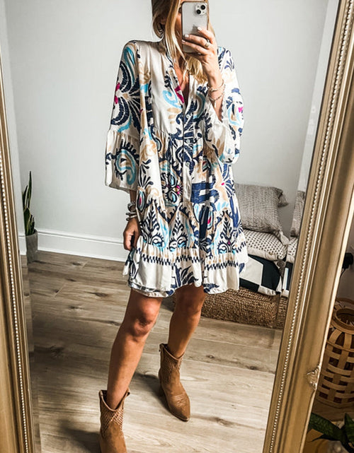 Load image into Gallery viewer, Printed Notched Three-Quarter Sleeve Mini Dress
