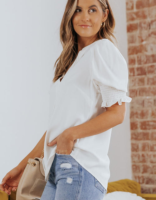 Load image into Gallery viewer, Smocked Flounce Sleeve Notched Neck Blouse
