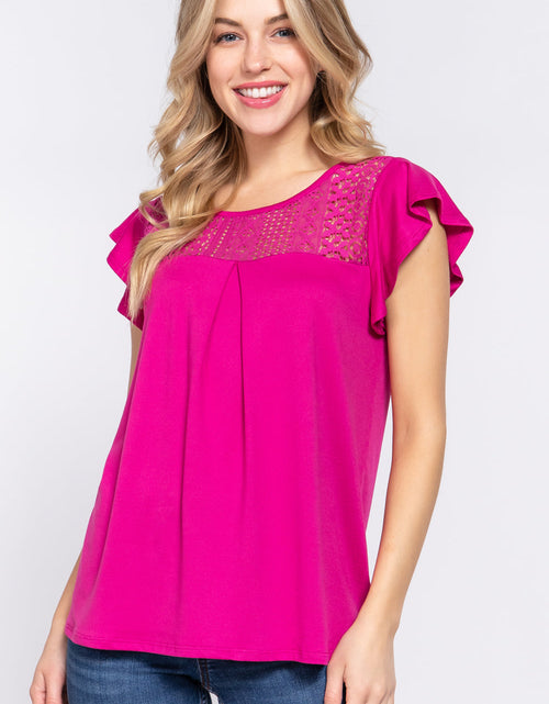 Load image into Gallery viewer, ACTIVE BASIC Ruffle Short Sleeve Lace Detail Knit Top
