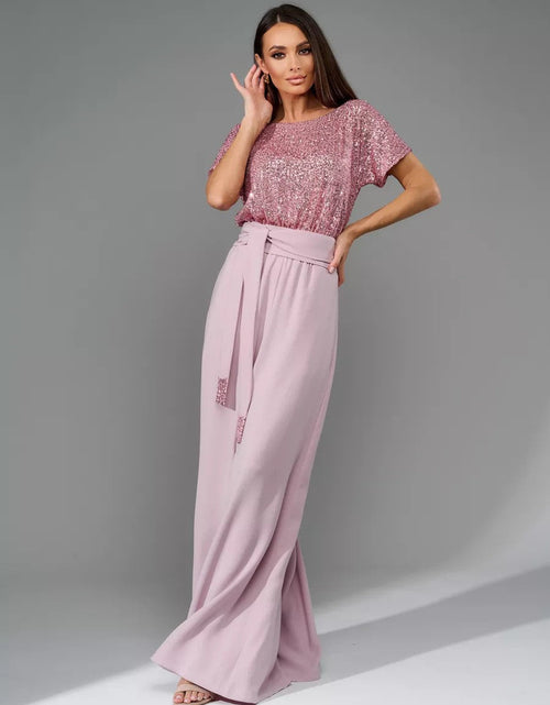 Load image into Gallery viewer, Full Size Sequin Round Neck Short Sleeve Wide Leg Jumpsuit
