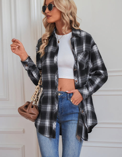 Load image into Gallery viewer, Plaid Button Up Dropped Shoulder Outerwear

