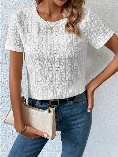 Load image into Gallery viewer, Eyelet Round Neck Short Sleeve T-Shirt
