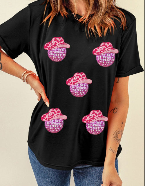 Load image into Gallery viewer, Cowboy Hat Disco Ball Patched Round Neck T-Shirt
