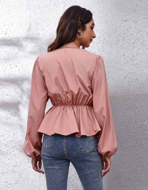 Load image into Gallery viewer, V-Neck Balloon Sleeve Peplum Blouse
