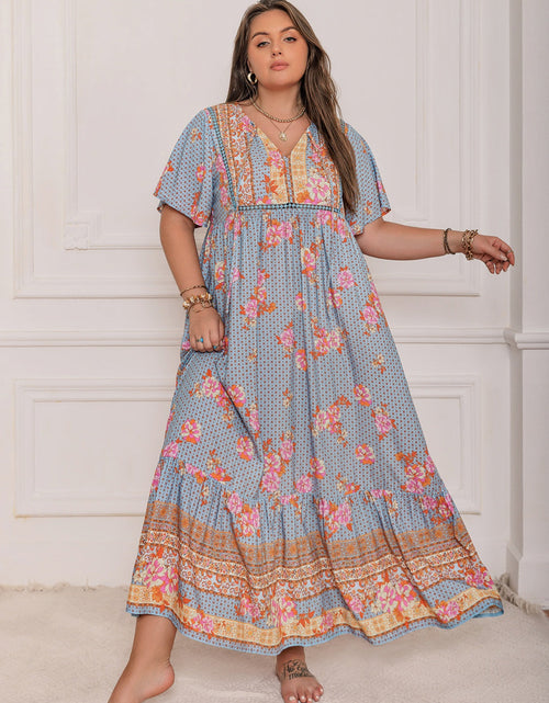 Load image into Gallery viewer, Plus Size Printed Tie Neck Flutter Sleeve Maxi Dress

