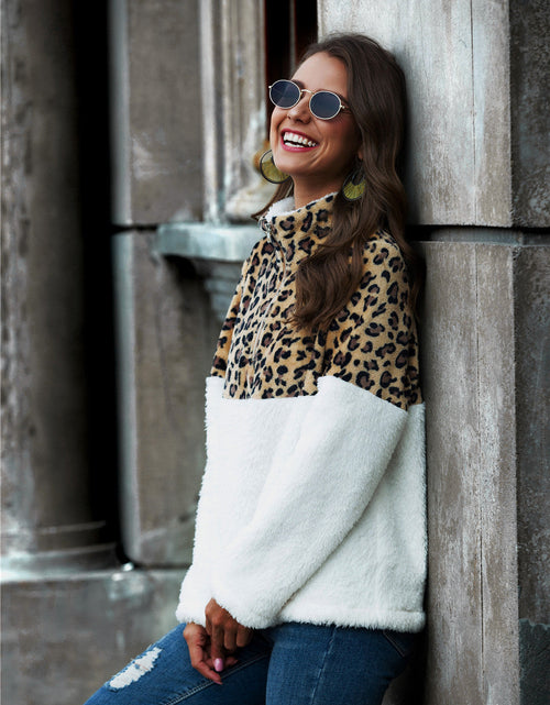 Load image into Gallery viewer, Leopard Color Block Half-Zip Collar Teddy Sweatshirt
