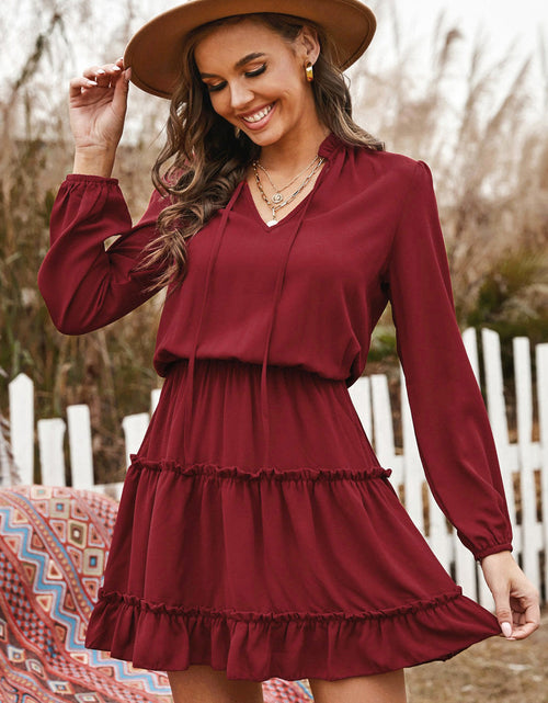 Load image into Gallery viewer, Tied Frill Trim Puff Sleeve Mini Dress

