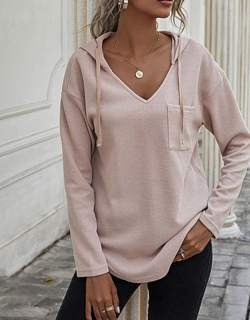 Load image into Gallery viewer, Drawstring Waffle Knit Long Sleeve Hooded Top
