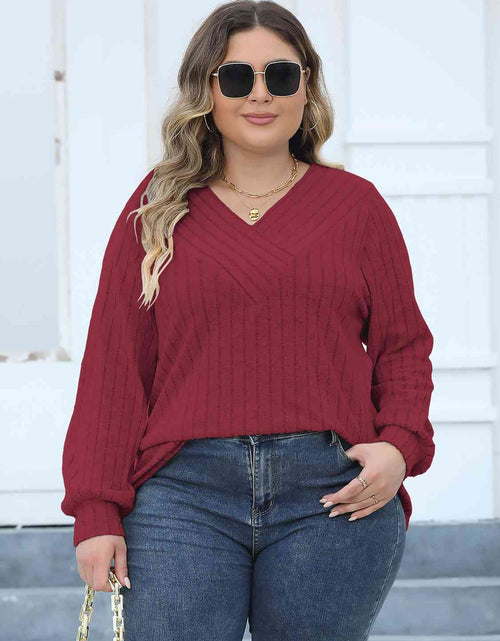 Load image into Gallery viewer, Plus Size Ribbed V-Neck Long Sleeve Top
