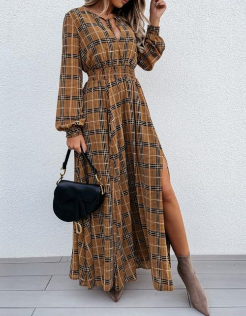 Load image into Gallery viewer, Slit Plaid Tie Neck Long Sleeve Maxi Dress
