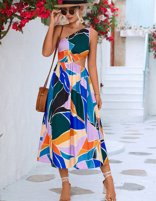 Load image into Gallery viewer, Printed Cutout One-Shoulder Sleeveless Dress
