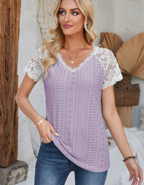Load image into Gallery viewer, Eyelet V-Neck Lace Short Sleeve T-Shirt

