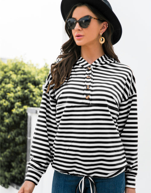 Load image into Gallery viewer, Striped Half-Button Dropped Shoulder Hoodie
