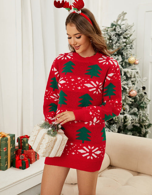 Load image into Gallery viewer, Christmas Tree Round Neck Sweater Dress
