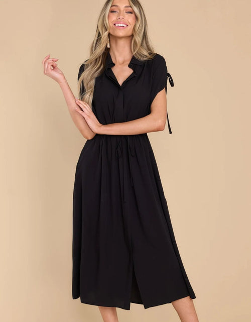 Load image into Gallery viewer, Drawstring Collared Neck Short Sleeve Midi Dress
