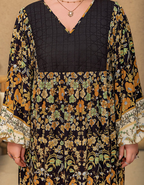 Load image into Gallery viewer, Plus Size Floral V-Neck Balloon Sleeve Midi Dress
