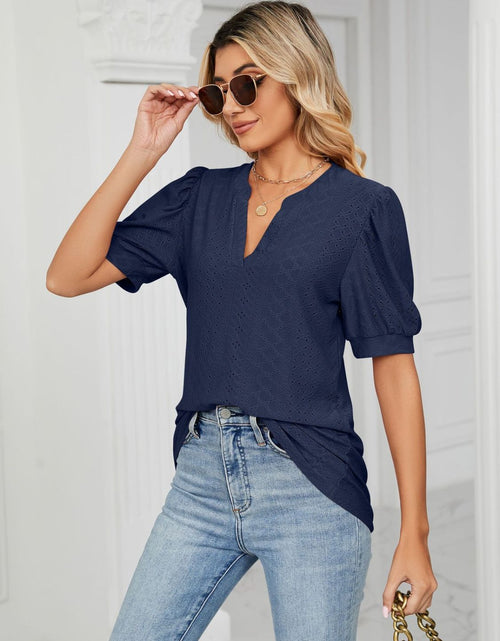 Load image into Gallery viewer, Florira Eyelet Notched Short Sleeve T-Shirt
