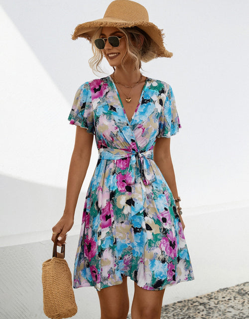 Load image into Gallery viewer, Printed Surplice Tie Waist Mini Dress
