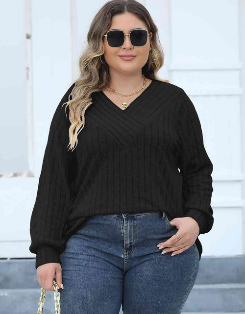 Load image into Gallery viewer, Plus Size Ribbed V-Neck Long Sleeve Top
