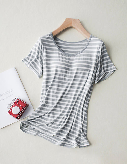 Load image into Gallery viewer, Striped Round Neck Short Sleeve T-Shirt with Bra
