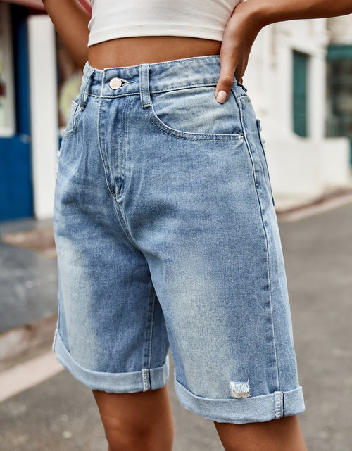 Load image into Gallery viewer, Distressed Buttoned Denim Shorts with Pockets
