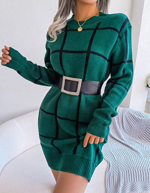 Load image into Gallery viewer, Plaid Round Neck Dropped Shoulder Sweater Dress
