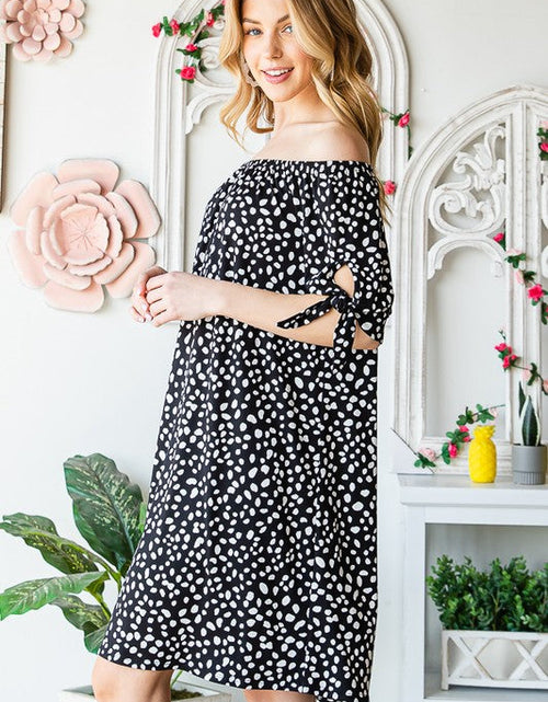 Load image into Gallery viewer, Heimish Full Size Short Sleeve Off Shoulder Animal Mini Dress Plus Size

