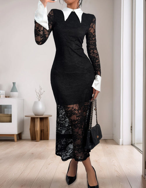 Load image into Gallery viewer, Perfee Lace Contrast Collared Neck Long Sleeve Midi Dress
