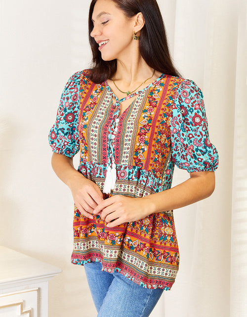 Load image into Gallery viewer, Devine Bohemian Tassel Tie Puff Sleeve Babydoll Blouse
