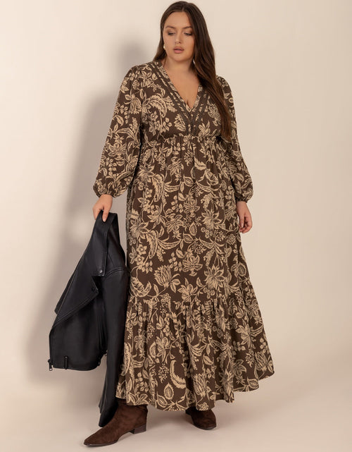 Load image into Gallery viewer, Plus Size Printed V-Neck Balloon Sleeve Maxi Dress
