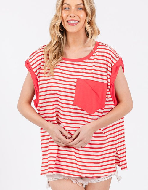Load image into Gallery viewer, Ces Femme Side Slit Striped Cap Sleeve T-Shirt
