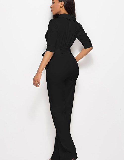Load image into Gallery viewer, Mock Neck Tie-Waist Half Sleeve Jumpsuit
