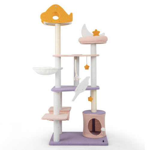 Load image into Gallery viewer, 66 Inch Cute Cat Tree Cats Multi-level Tall Cat Tower with Sisal Covered Scratching Posts-Purple
