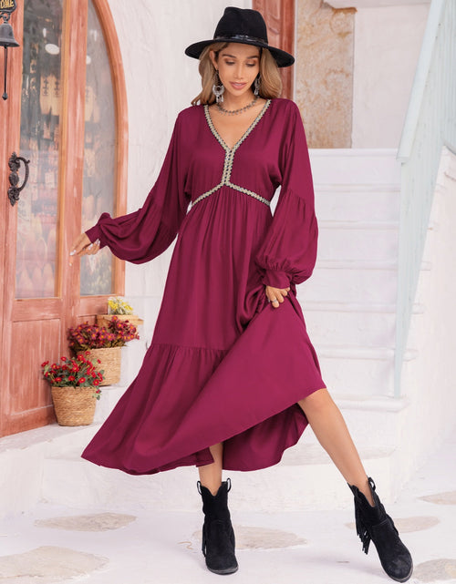 Load image into Gallery viewer, V-Neck Lantern Sleeve Ruffle Hem Dress

