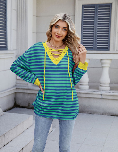 Load image into Gallery viewer, Lace-Up Striped Long Sleeve T-Shirt
