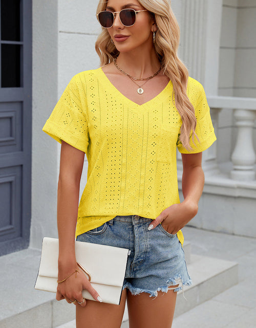 Load image into Gallery viewer, Eyelet V-Neck Short Sleeve T-Shirt

