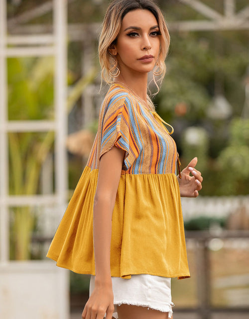 Load image into Gallery viewer, Ivy Lane Striped Tie Neck Short Sleeve Blouse
