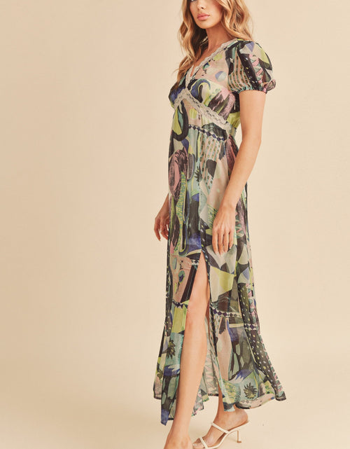 Load image into Gallery viewer, Aemi + Co Lace Detail Slit Geometric Print Short Sleeve Maxi Dress
