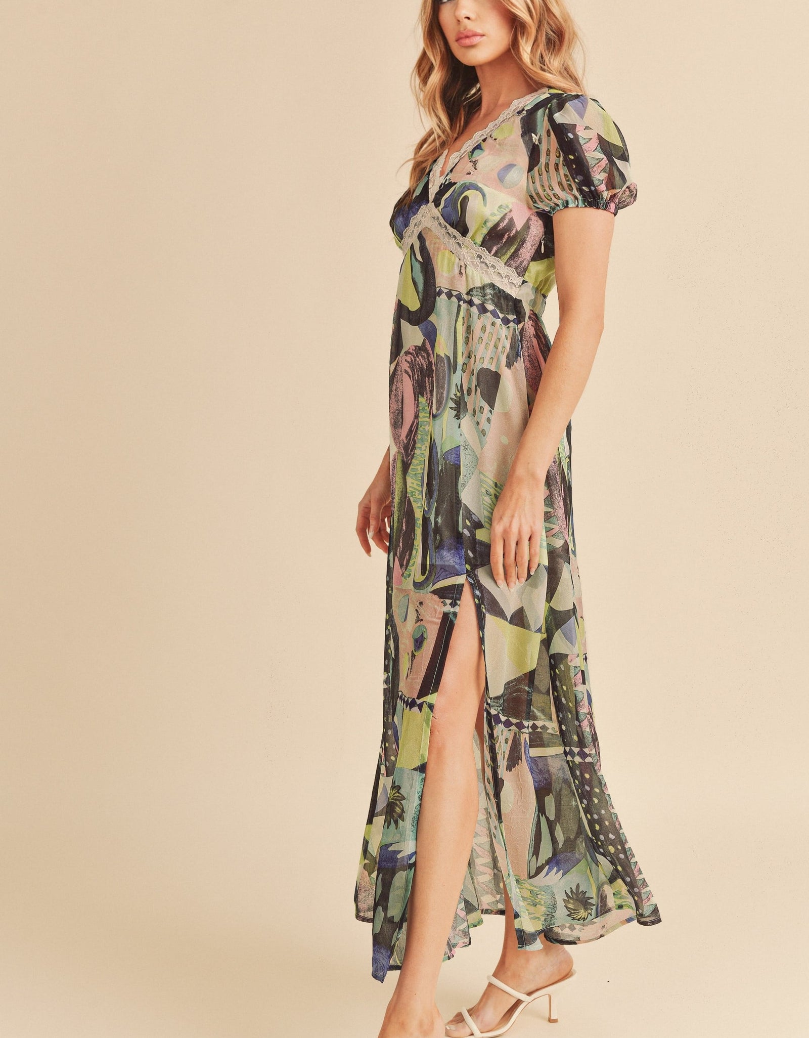 Aemi + Co Lace Detail Slit Geometric Print Short Sleeve Maxi Dress
