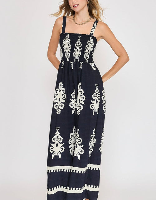 Load image into Gallery viewer, Umgee Full Size Smocked Printed Wide Leg Jumpsuit Plus Size
