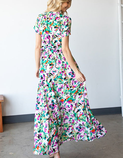 Load image into Gallery viewer, First Love Slit Printed Surplice Tie Waist Short Sleeve Dress
