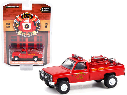 Load image into Gallery viewer, 1986 Chevrolet C20 Custom Deluxe Pickup Truck Red First Attack Unit Fire Equipment and Hose and Tank "Lawrenceburg Fire Department" (Indiana) "Fire &amp; Rescue" Series 1 1/64 Diecast Model Car by Greenlight
