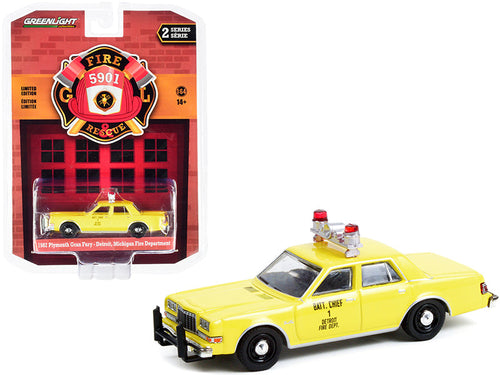 Load image into Gallery viewer, 1982 Plymouth Gran Fury Yellow "Detroit Fire Department Battalion Chief #1" (Michigan) "Fire &amp; Rescue" Series 2 1/64 Diecast Model Car by Greenlight
