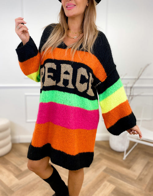 Load image into Gallery viewer, Color Block V-Neck Long Sleeve Sweater Dress
