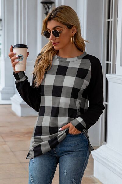 Load image into Gallery viewer, Plaid Round Neck Long Sleeve T-Shirt
