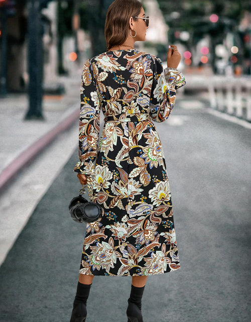 Load image into Gallery viewer, Printed Tie Front Surplice Flounce Sleeve Dress
