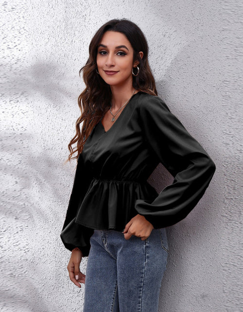 Load image into Gallery viewer, V-Neck Balloon Sleeve Peplum Blouse
