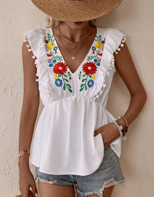 Load image into Gallery viewer, Perfee Embroidered Pom-Pom Trim Cap Sleeve Babydoll Top
