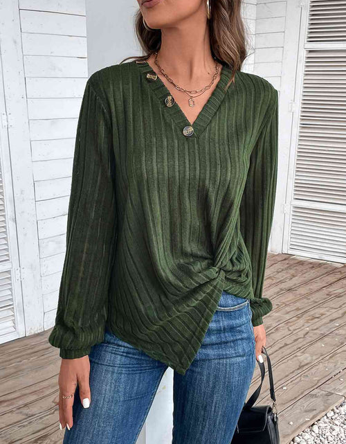 Load image into Gallery viewer, Twisted V-Neck Buttoned Long Sleeve T-Shirt
